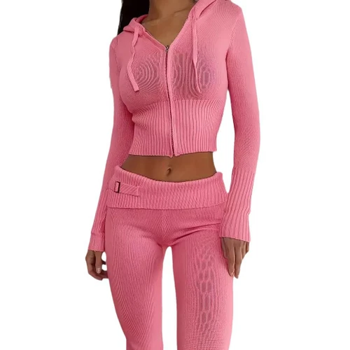 Knit Cardigan Hoodie Set Women's Two Piece Autumn Outfit SSU-00017