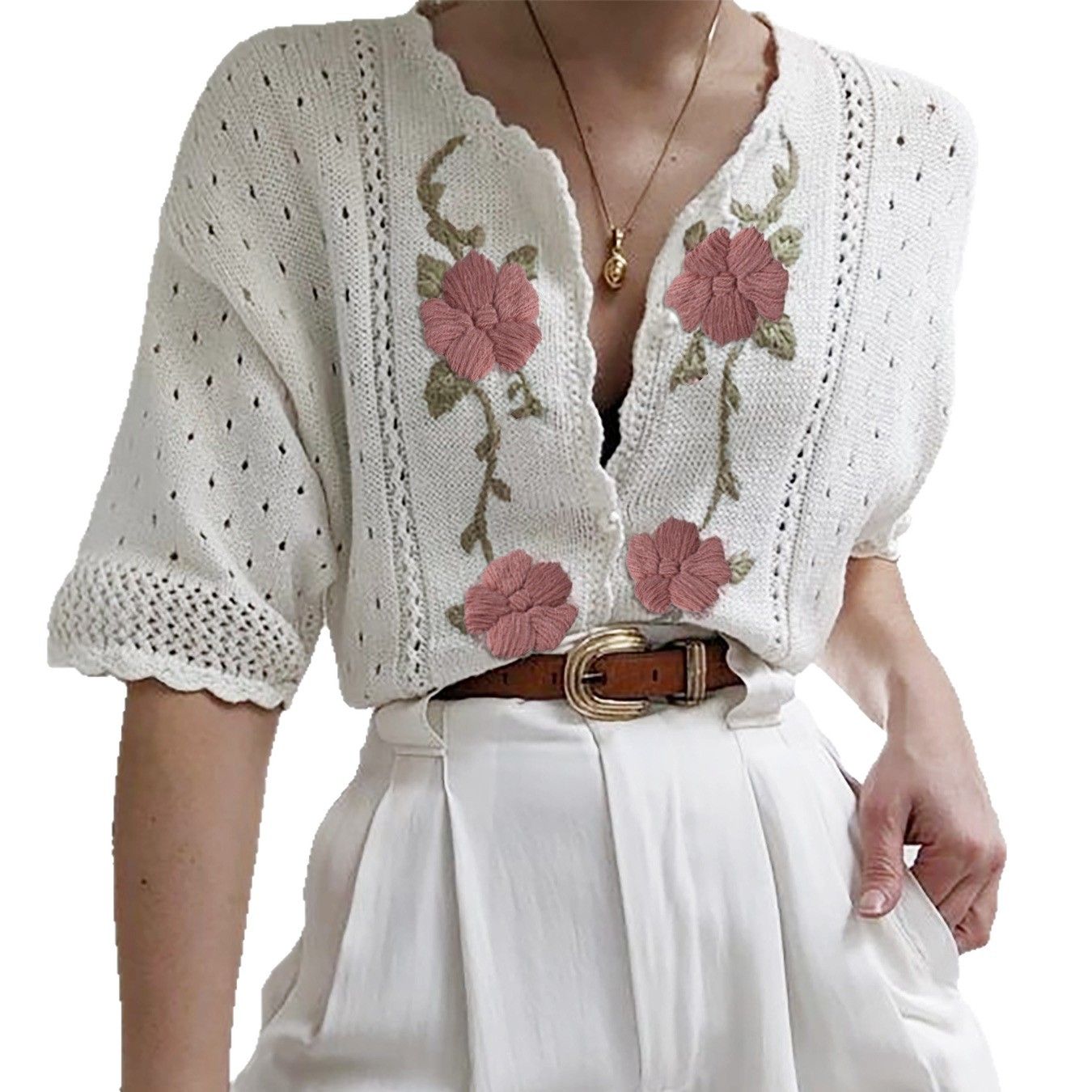Crochet Knit Cardigan Top - Embroidered Short Sleeve Spring Fall SSU-00123