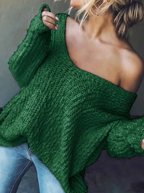 Einfarbiges, langärmeliges Stricktop mit tiefem V-Ausschnitt für Damen SSU-00090