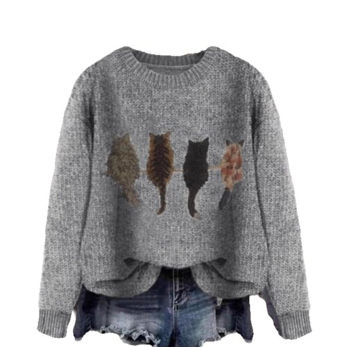 Strickpullover mit Katzenmotiv, Damen, Langarm, Rundhalsausschnitt, SSU-00080