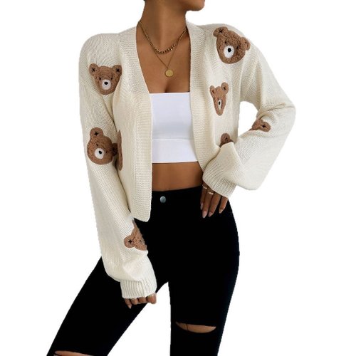 Cardigan lavorato a maglia, giacca orso, maniche lunghe, corto, carino, casual