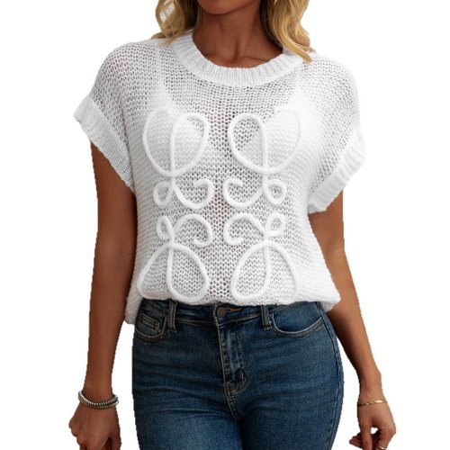 Strickpullover mit Rundhalsausschnitt, kurz geschnitten, Lochmuster, Frühling/Sommer SSU-00070