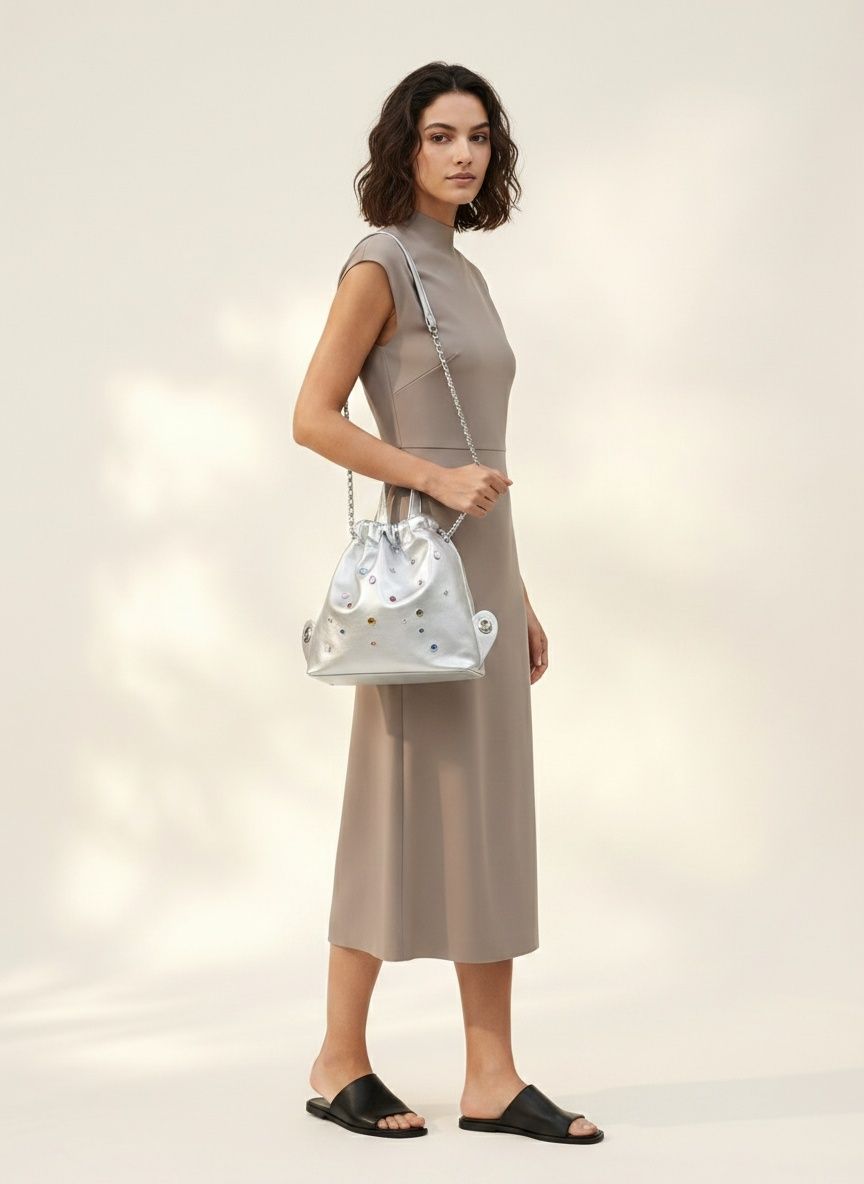 Silver Drawstring Bucket Bag with Rhinestone Embellishments