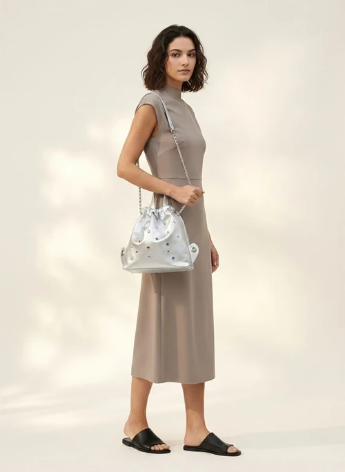 Silver Drawstring Bucket Bag with Rhinestone Embellishments