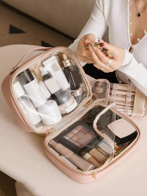 Travel Makeup Bag with Clear Compartments & Brush Holder