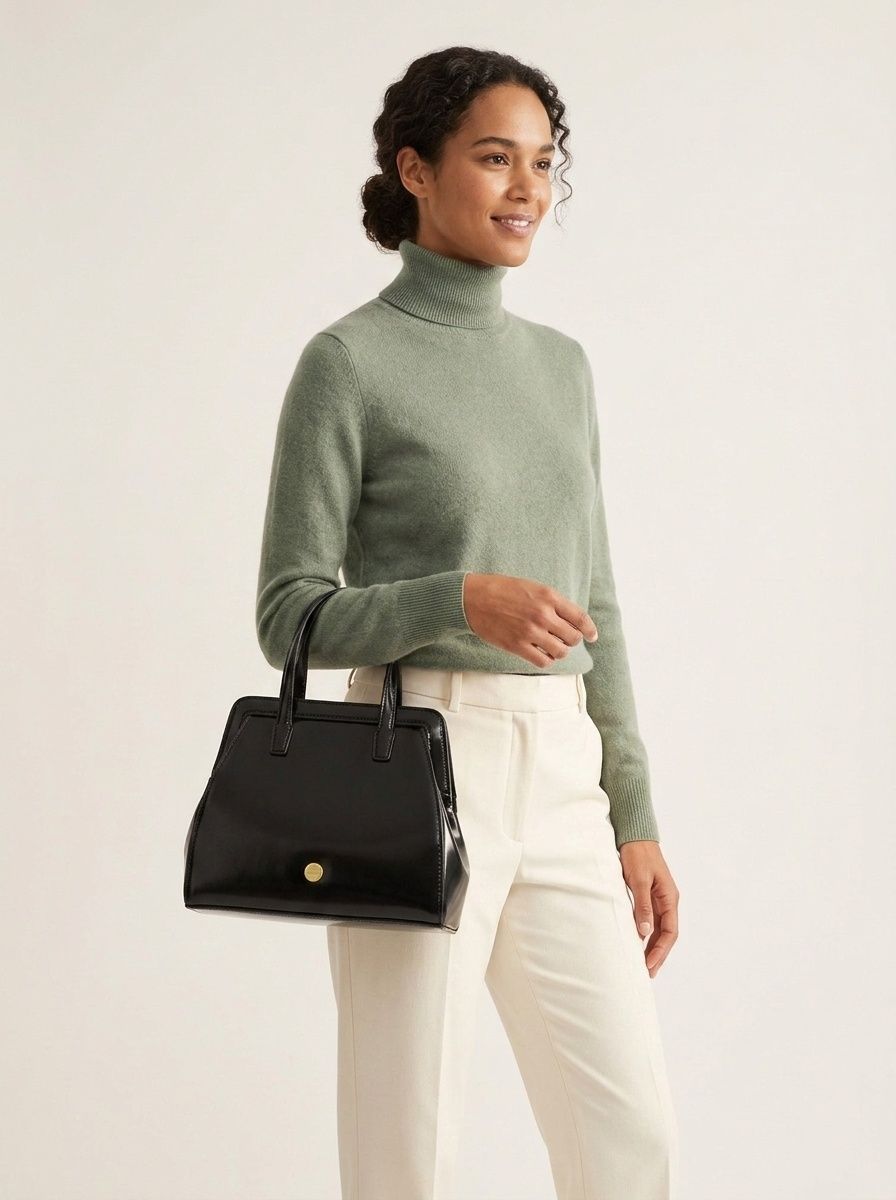 Classic Black Structured Top Handle Satchel Bag