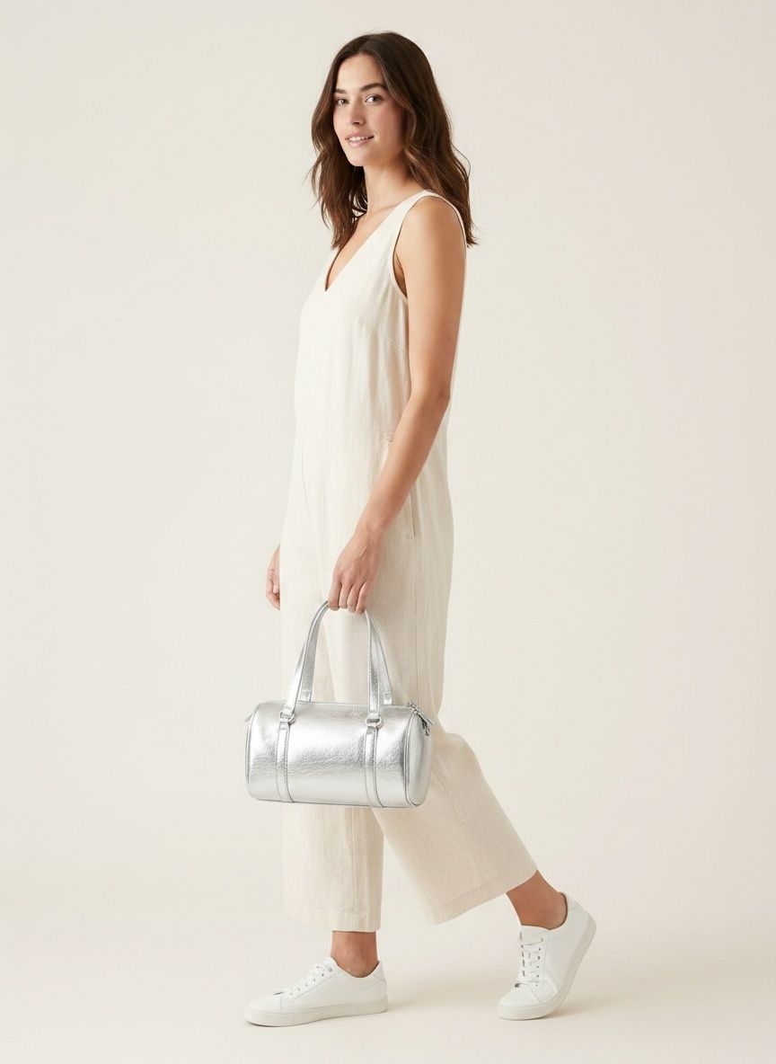Chic Silver Metallic Mini Barrel Bag - Top Handle & Crossbody