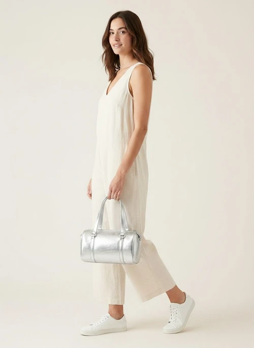 Chic Silver Metallic Mini Barrel Bag - Top Handle & Crossbody