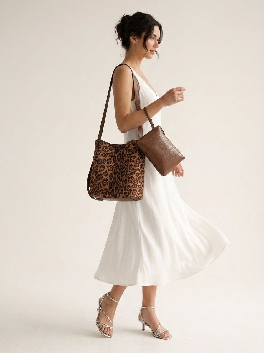 Leopard Print Suede Bucket Bag with Pouch