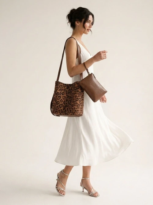 Leopard Print Suede Bucket Bag with Pouch