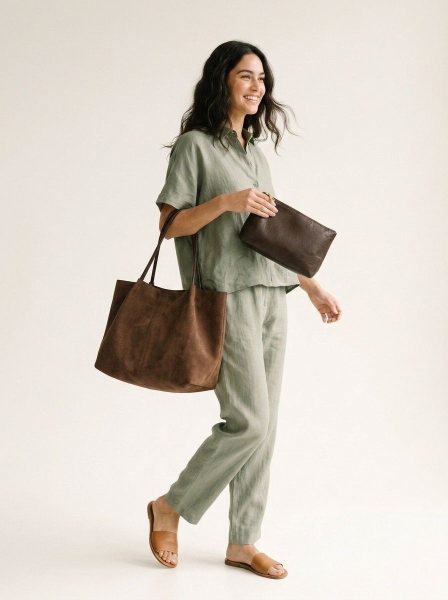 Chic Faux Suede Tote Bag with Pouch - Everyday Carryall