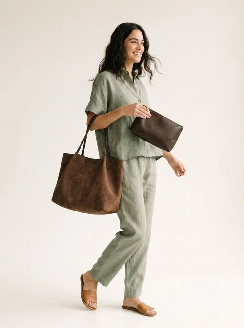 Chic Faux Suede Tote Bag with Pouch - Everyday Carryall