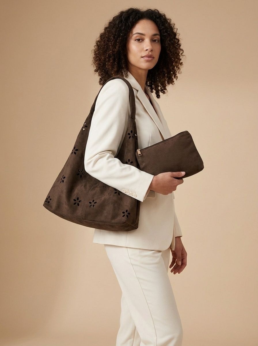 Floral Cutout Suede Slouchy Shoulder Bag with Pouch
