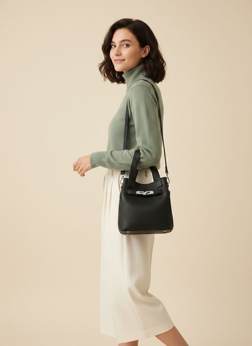 Mini Bucket Bag with Turn-Lock & Pouch - Black/Cream