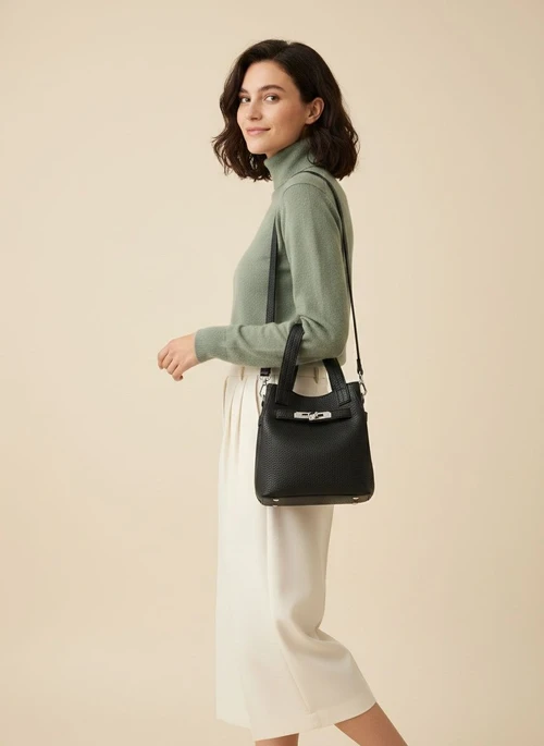 Mini Bucket Bag with Turn-Lock & Pouch - Black/Cream