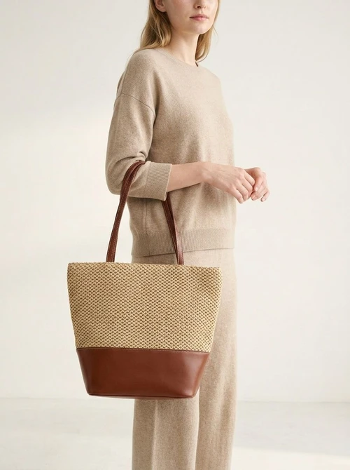 Woven Straw & Faux Leather Tote Bag