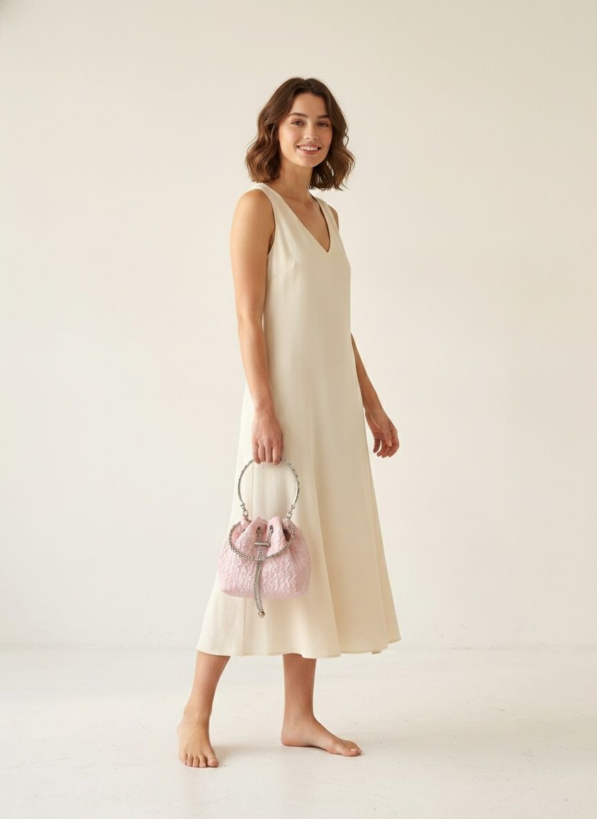 Textured Drawstring Bucket Bag with Chain Handle