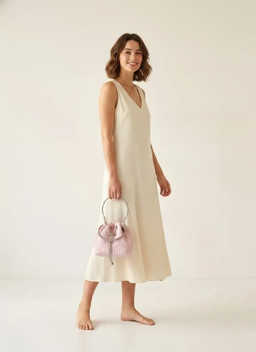 Textured Drawstring Bucket Bag with Chain Handle
