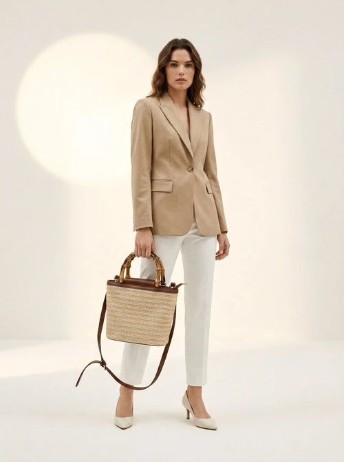 Mini Woven Straw Bag with Bamboo Handle & Crossbody Strap