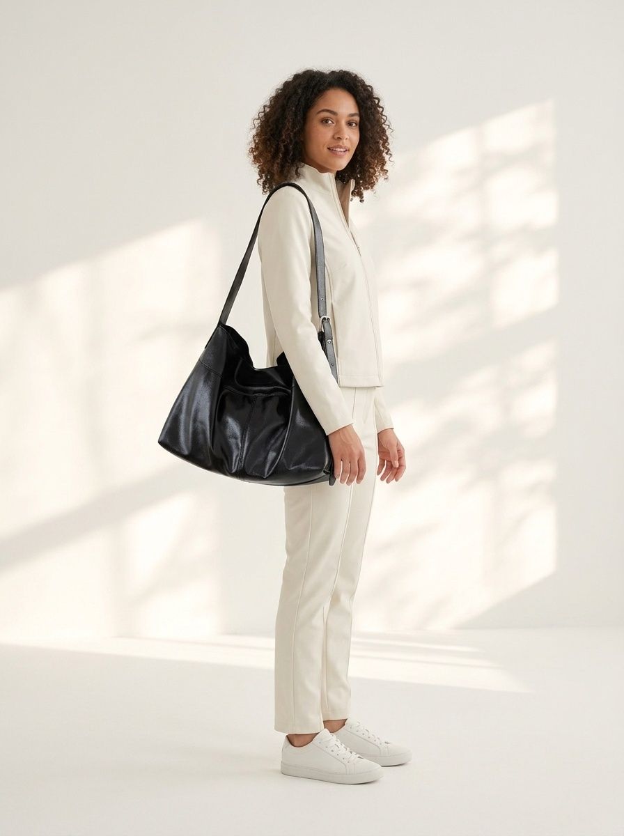 Soft Faux Leather Slouchy Shoulder Bag - Black