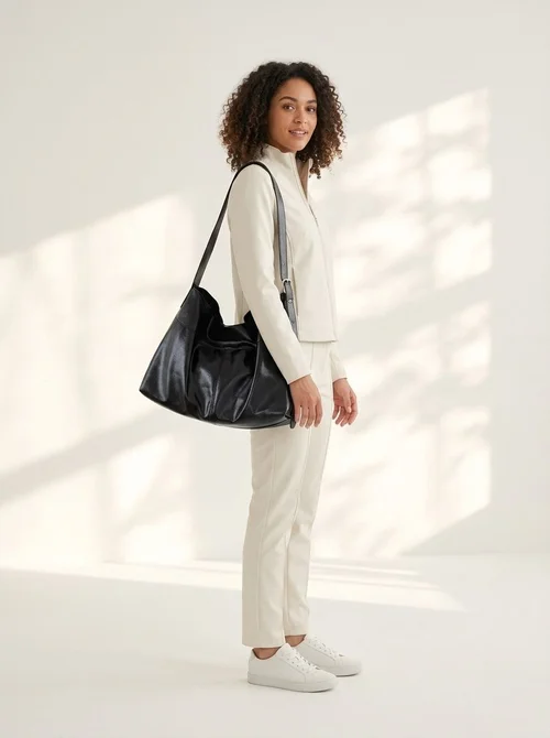 Soft Faux Leather Slouchy Shoulder Bag - Black