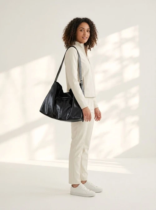 Soft Faux Leather Slouchy Shoulder Bag - Black