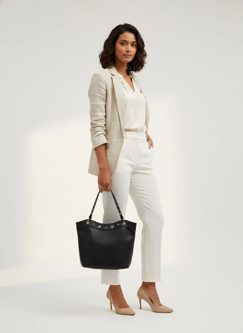 Grommet Detail Faux Leather Shoulder Tote Bag