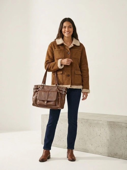 Vintage Buckle Shoulder Bag - Faux Leather Tote