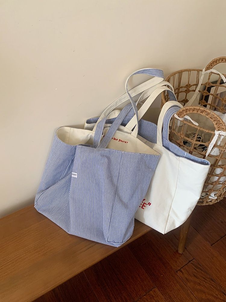 Reversible Canvas Tote Bag - Blue Stripe & White