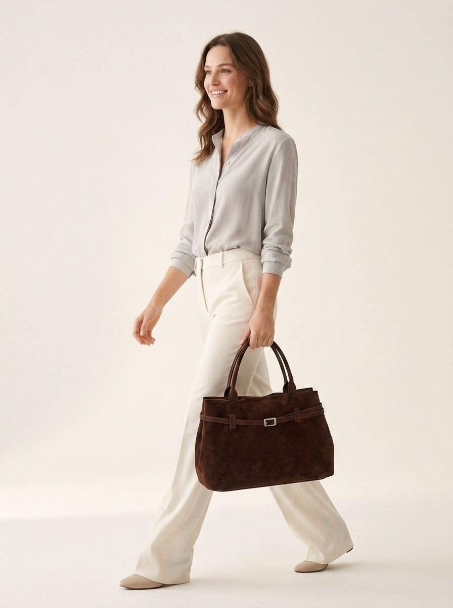 Chic Suede Tote Bag with Buckle Detail - Everyday Carryall