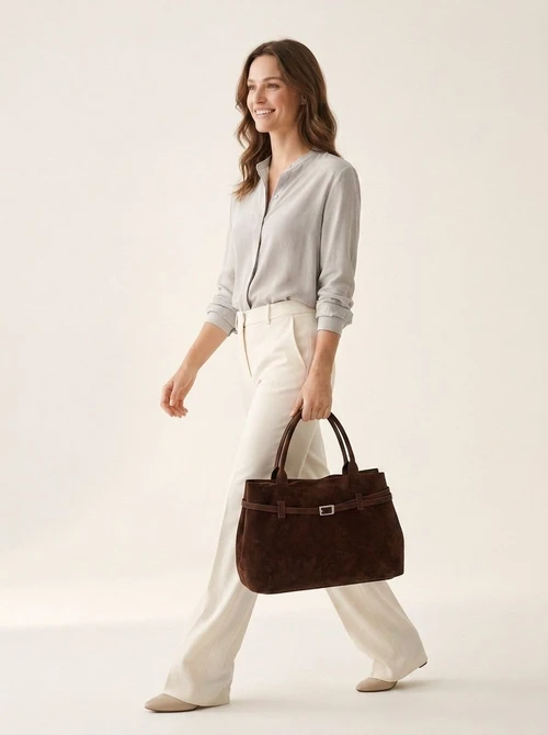 Chic Suede Tote Bag with Buckle Detail - Everyday Carryall