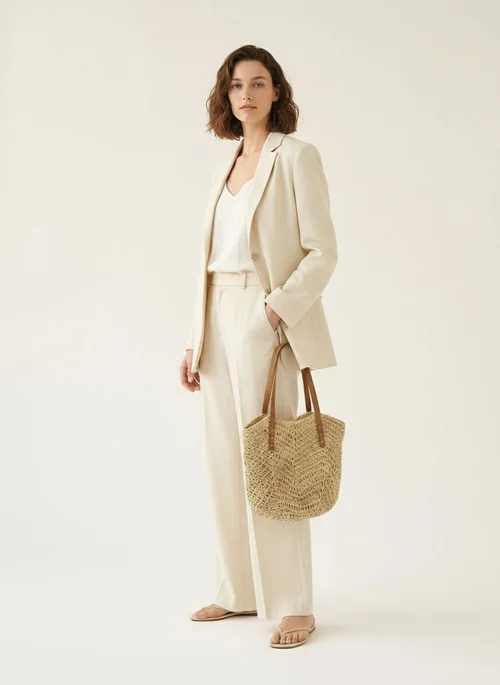 Woven Straw Beach Tote Bag with Faux Leather Straps