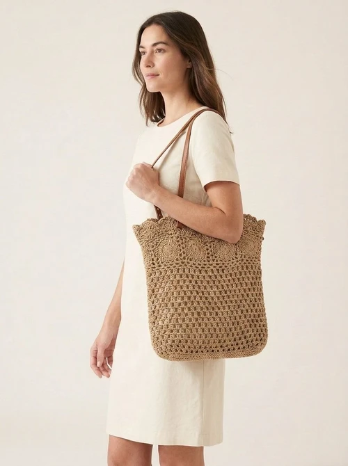 Hand-Crocheted Knit Tote Bag with Leather Straps