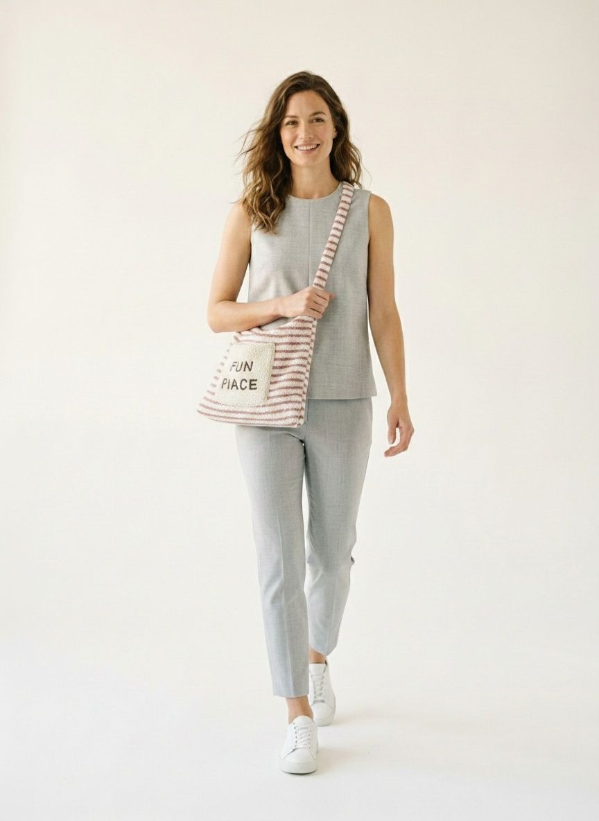 Fuzzy Striped Shoulder Bag with 'Fun Piace' Pocket