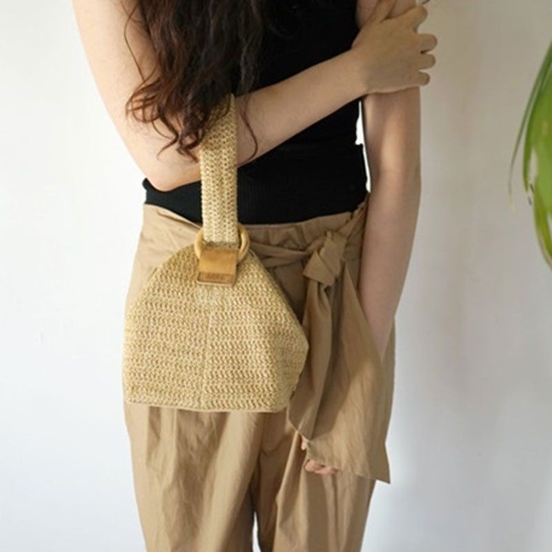 Woven Straw Mini Tote Bag with Wood Ring Handle