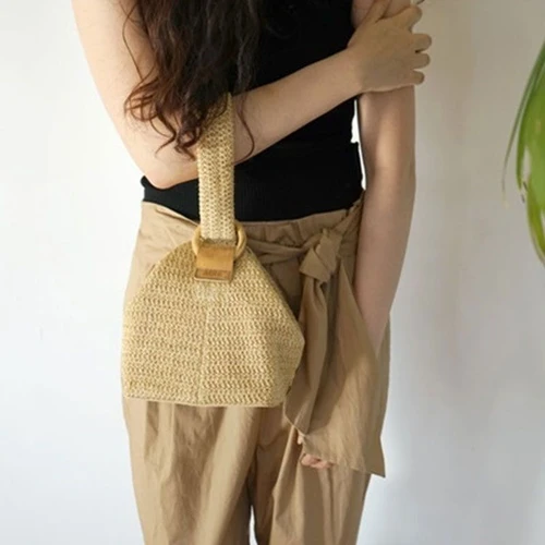 Woven Straw Mini Tote Bag with Wood Ring Handle