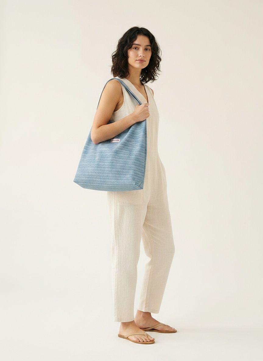 Blue Striped Fabric Tote Bag