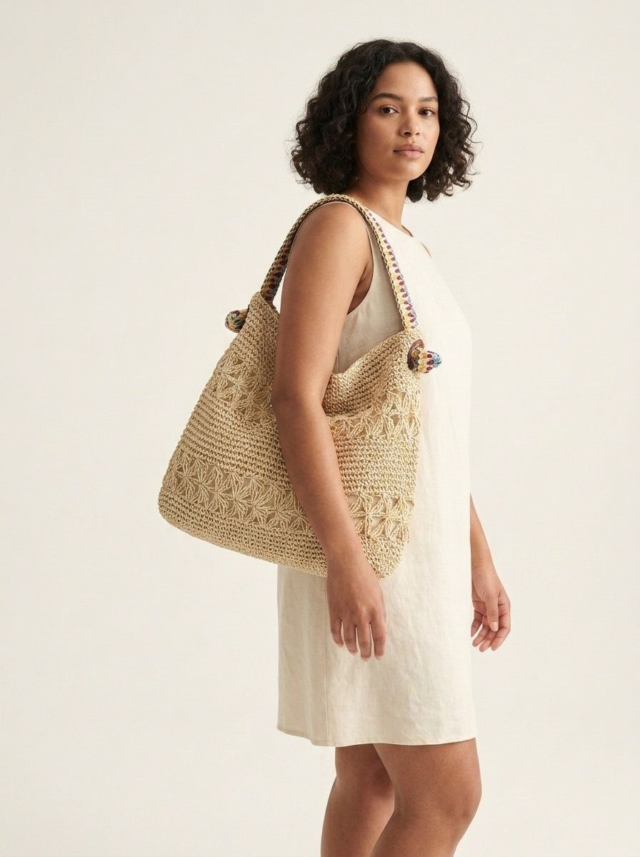 Boho Crochet Straw Shoulder Bag with Rainbow Strap