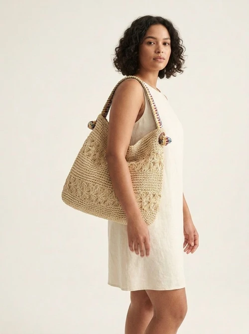 Boho Crochet Straw Shoulder Bag with Rainbow Strap