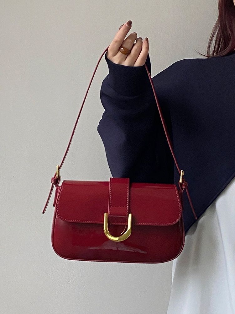 Sleek Patent Flap Shoulder Bag with Gold Hardware