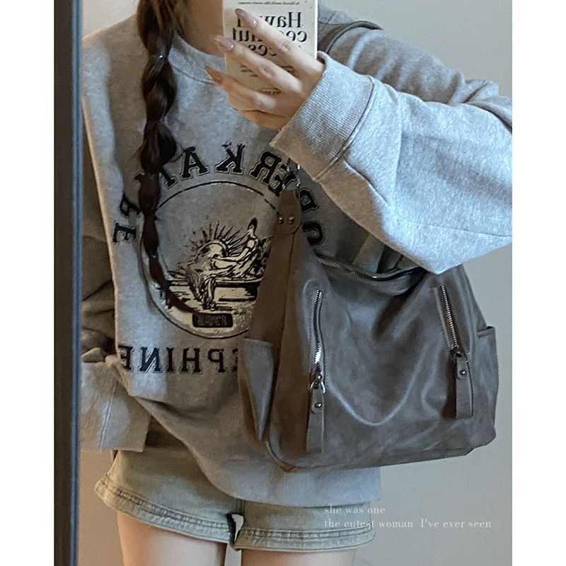 Soft Suede-Effect Hobo Shoulder Bag with Zippers