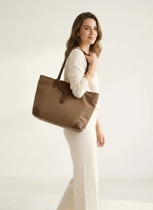 Chic Nylon & Faux Leather Shoulder Tote Bag