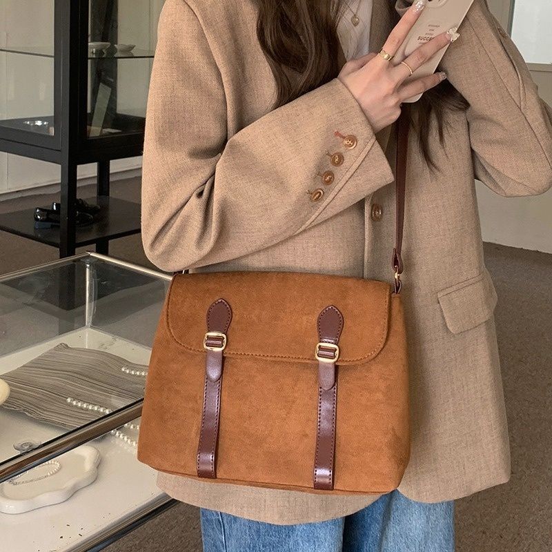 Vintage Suede-Look Buckle Crossbody Bag