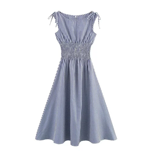 Women's Plaid Belted Waist Midi Dress Classic Chic KUN-00014