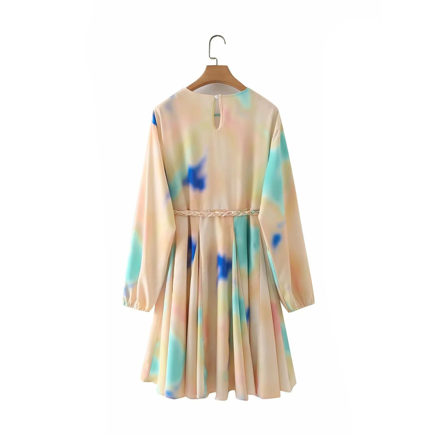 Linen Watercolor Print Dress with Waist Tie KUN-00063