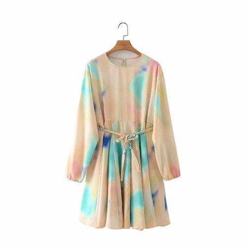 Linen Watercolor Print Dress with Waist Tie KUN-00063