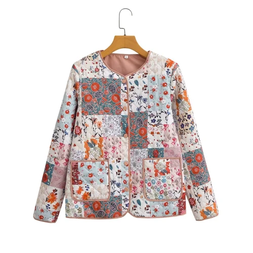 Chaqueta acolchada de algodón con estampado floral para mujer - Moda clásica KUN-00022