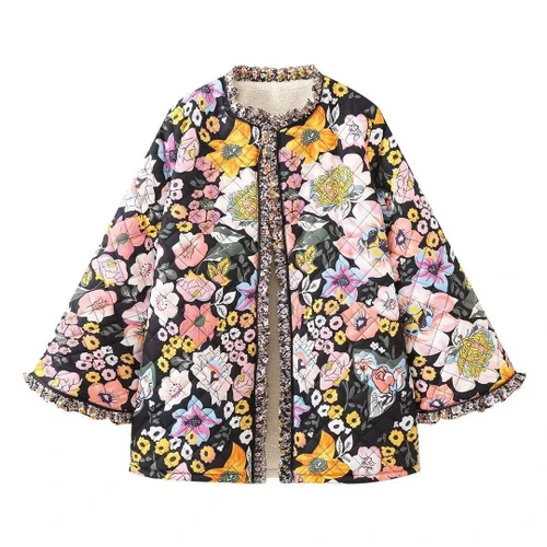 Women's Floral Print Cotton Jacket Ruffle Trim KUN-00025
