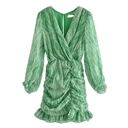 Women's Animal Print Ruched Long Sleeve Dress KUN-00022