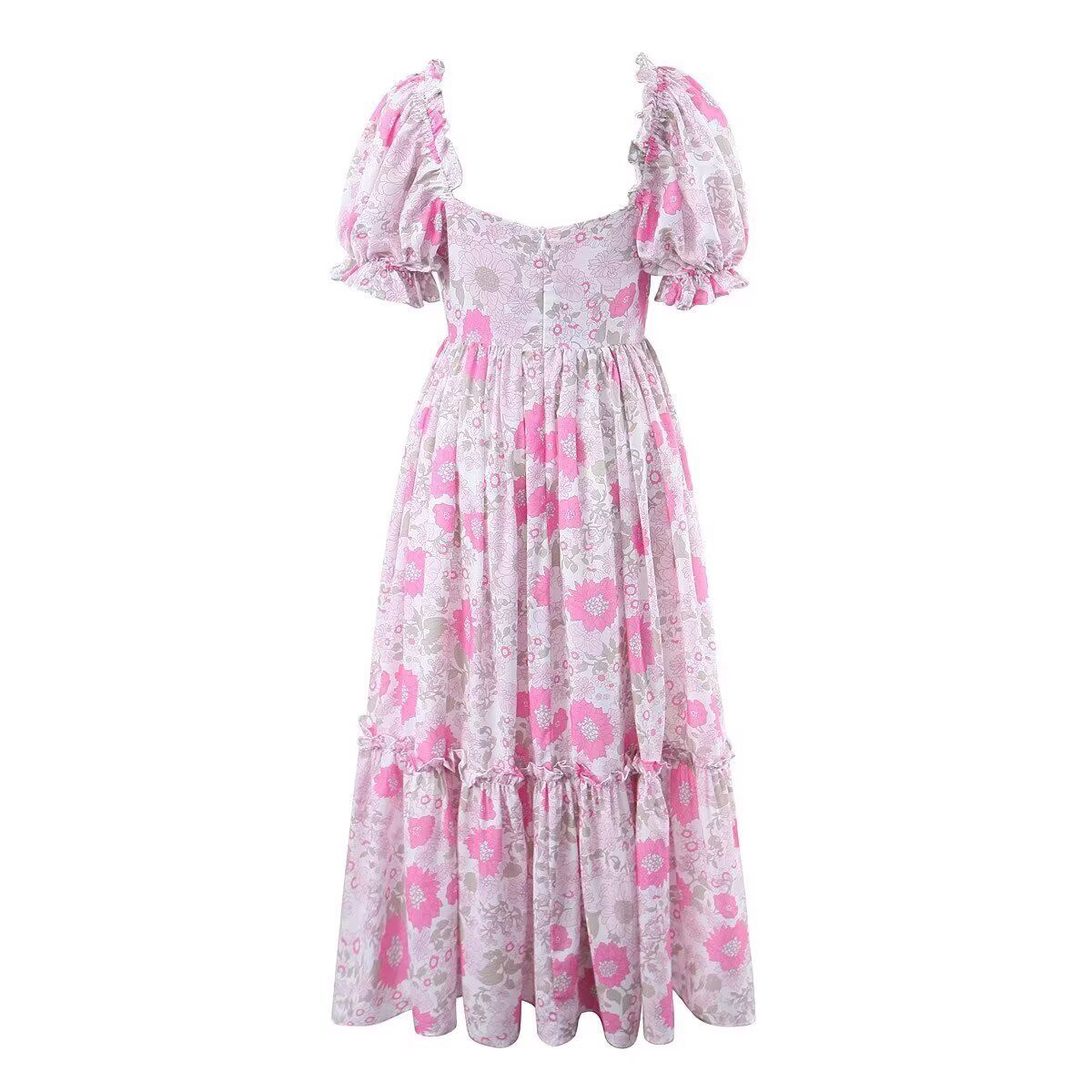 Pink Floral Puff Sleeve Midi Dress KUN-00026